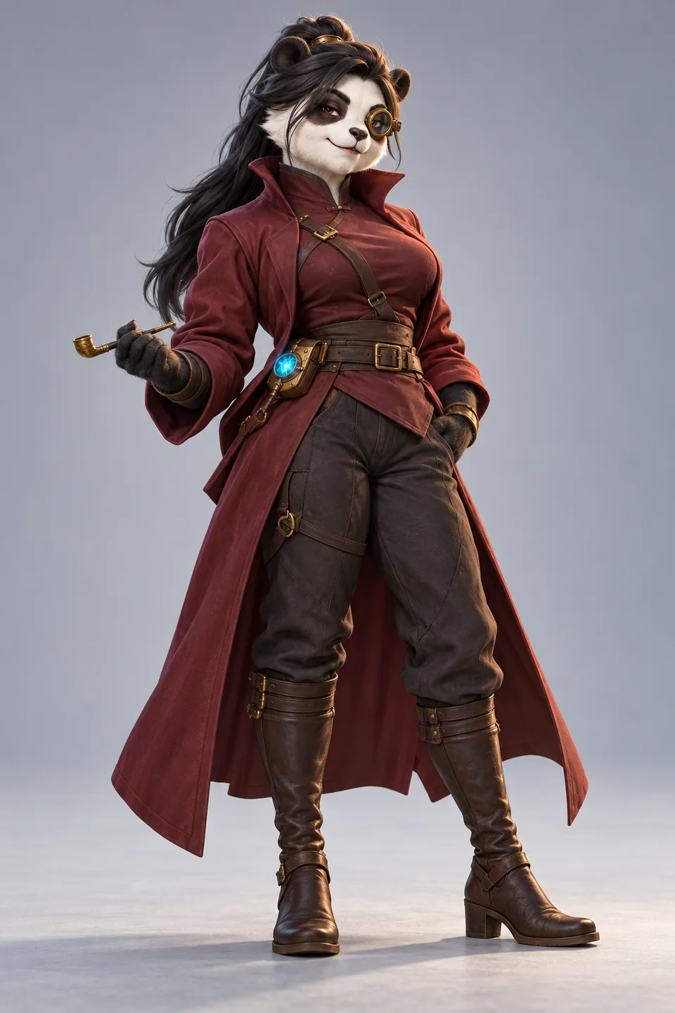 Ajiao, an adult panda captain in a dark-red long coat, holds a slender pipe beside a blue device at her belt.
