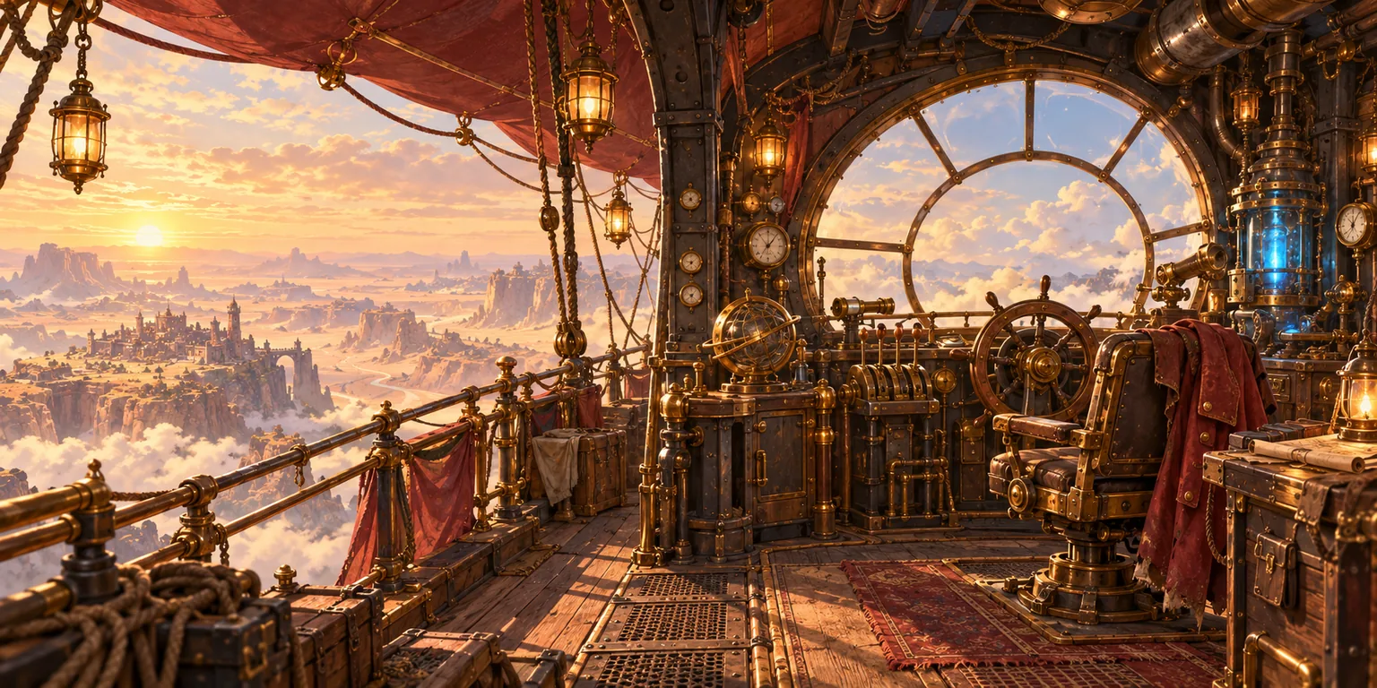 An early steamship concept showing a worn brass bridge, red canvas and a wide view over a frontier landscape.